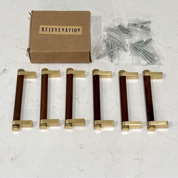 Rejuvenation West Slope Drawer Pull Walnut Wood and Aged Brass 4" C105370 - Picture 3 of 7